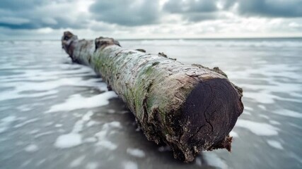 Wall Mural - log lying on a beach next to the ocean with waves in the background