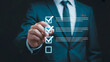 © MHA Creation - Professional businessman completing a digital checklist, showing project management, task completion, and efficient workflow for business success today