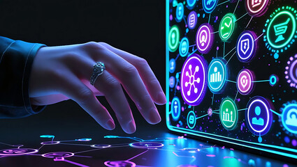 Woman interacting with a digital interface full of icons and glowing connections highlighting modern communication and digital technology concepts for the future