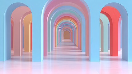 Colorful arched hallway perspective.  Pastel arches line a long passage