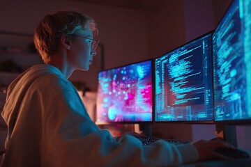Coder working on multiple displays with programming data and interface.