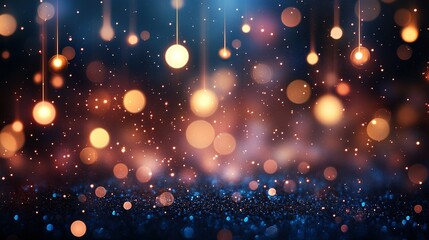 Abstract background with bokeh lights in gold and blue creating a festive atmosphere.
