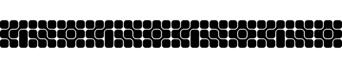 Wall Mural - Horizontal border with connected rounded square shapes. Meta balls pattern. Black amorphous forms isolated on white background. Organic molecular texture. Modern abstract print. Vector illustration.