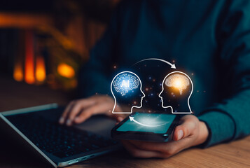 Human and Artificial Intelligence Knowledge Transfer Concept. A person uses phone with two human head profiles, one with an AI brain and human brain, symbolizing knowledge exchange, machine learning,