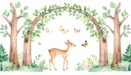 Naklejka na meble Cute baby fox, deer animal nursery rabbit and bear isolated illustration for children. Watercolor boho forest drawing, , hedgehog image Perfect for nursery posters