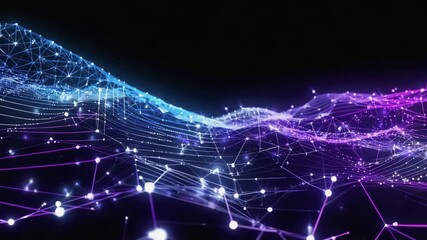 Wall Mural - complex network of interconnected nodes and lines forming a dynamic, glowing wave against a dark bac