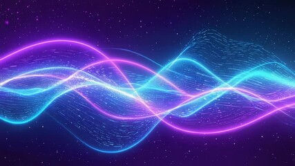 Wall Mural - flowing abstract neon wavy lines dance across a dark background, illuminated by glowing particles, c