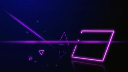 Wall Mural - purple neon geometric shapes, including triangles and a square, are reflecting on a dark surface, wi