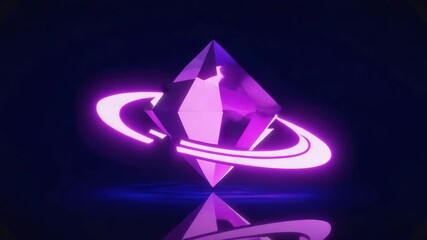 Wall Mural - purple octahedron with glowing edges floating over a bright neon circle reflecting on a dark surface