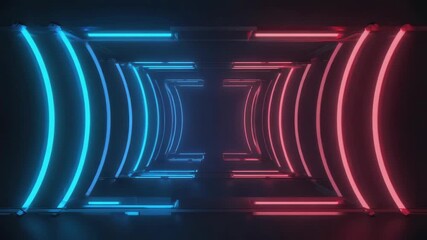 Wall Mural - blue and red neon lights are forming a futuristic tunnel with rounded shapes, creating a vibrant and
