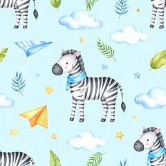  Watercolor airplane kid seamless pattern. Watercolor toy background baby cartoon cute pilot hippopotamus, zebra with hippo, lion aviation sky transport airplanes, clouds