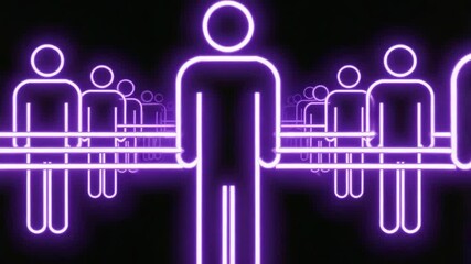 Wall Mural - rows of glowing purple neon people holding hands create a receding tunnel effect against a black bac