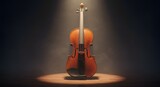Elegant violin illuminated by spotlight on wooden stage with atmospheric smoke effects