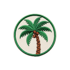 A vibrant embroidered patch featuring a palm tree with coconuts in a circular design, perfect for adding a tropical touch to clothing or accessories.