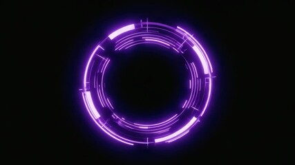 Wall Mural - purple neon light forming a futuristic glowing circle with digital fragments orbiting on a black bac