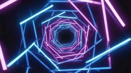 Wall Mural - rotating pink and blue neon lights create hexagonal shapes in a dark tunnel, delivering a vibrant an