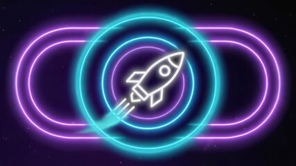 Wall Mural - white neon rocket launching through glowing purple and turquoise circles against a dark starry backg