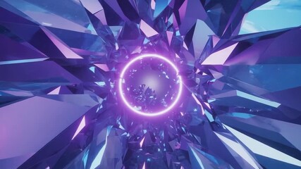 Wall Mural - purple neon circle glowing vibrantly amidst sharp, abstract crystal shards floating in the vastness 