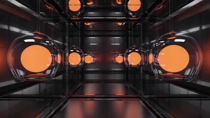 Wall Mural - hanging orange spheres dangle from the ceiling in a dark, modern room, casting reflections that enha