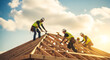 © delila - Skilled rooftop carpenter team diligently works on new house construction framing under a bright, sunny sky.