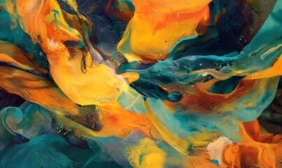 Wall Mural - album cover with vibrant abstract energy, swirling warm tones, with hints of turquoise or emerald. a