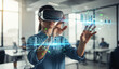 © RG Media - A young woman wears a virtual reality headset, interacting with a futuristic, holographic interface in a modern office. She's immersed in a high-tech, digital world, representing innovation and future