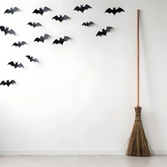 a minimalist halloween-themed image with a witch's broomstick standing upright in the bottom right c