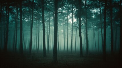  A misty forest at dusk, tall pines shrouded in fog, evoking a sense of mystery and quiet solitude.