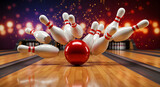 A red bowling ball strikes white pins, creating a dynamic, explosive scene.