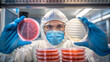© Jenjira - Salmonella outbreak concept ,Scientist wearing protective gloves examining petri dishes in laboratory, showcasing research