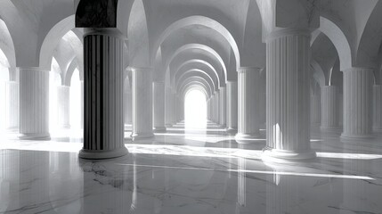 An elegant, symmetric interior space with white marble columns and arched doorways, illuminated by bright light creating dramatic shadows.