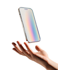 A hand holding a phone with a rainbow effect on it