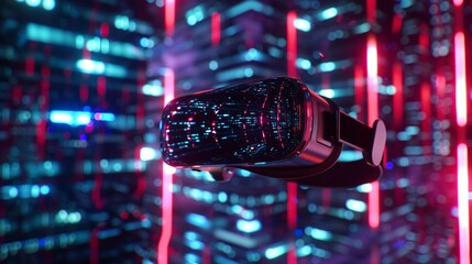 Floating VR headset with glowing matrix code reflections on dark background with neon highlights. Futuristic tech aesthetic showcasing immersive virtual reality, innovation,cutting-edge digital design