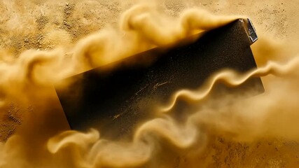 abstract sand cloud flowing around a dark metallic object with smooth curves