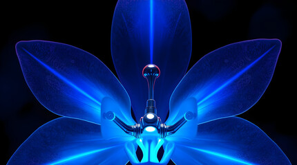 Futuristic glowing blue flower with metallic center on black background