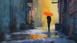© HRTNT Media - Silhouetted Person in City Alley with Orange Umbrella, Generative AI
