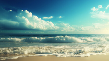 Wall Mural - blue sky over calm sea. blue sea and sunny sky on horizon over calm water