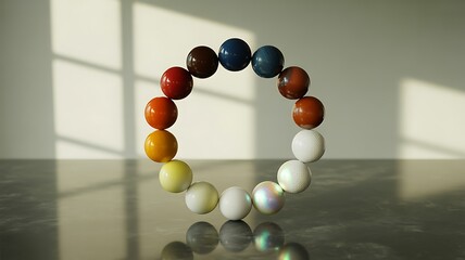 Wall Mural - sphere sculpture with color gradient on reflective surface spheres balls