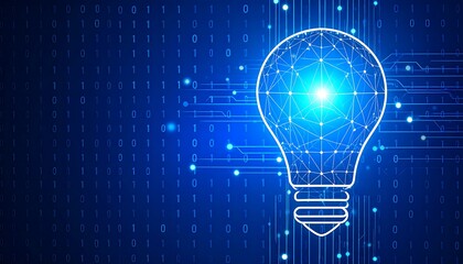 Abstract digital lightbulb on binary code background