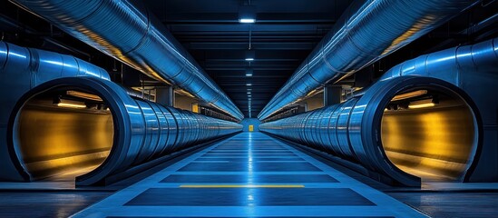 Wall Mural - futuristic blue industrial corridor with illuminated tunnels.