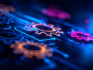 Wall Mural - Futuristic gears with neon colors create vibrant, dynamic atmosphere in technology