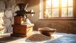 © task - A vintage hand-crank grain mill on a rustic table with a bowl of wheat, illuminated by warm sunlight streaming through a window.