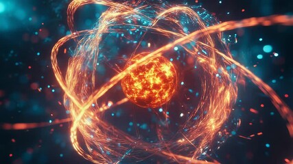 Wall Mural - atom particles orbiting around nucleus generating energy and electrons flowing