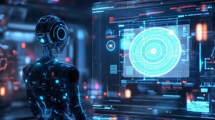 Robot working with futuristic holographic computer interface in digital environment