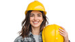 © venusvi - A cheerful young woman in a construction helmet, representing the strength and positivity in the construction industry.