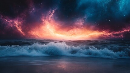 Wall Mural - Surreal night sky with cosmic nebula reflecting in ocean waves
