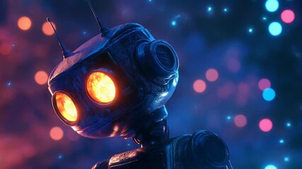Sticker - cute robot exploring neon city at night