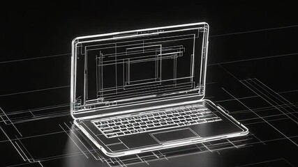 Futuristic hologram laptop sketch glowing on dark background