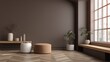 © Fenny - Modern, minimalist, neutral-toned living room with a warm, inviting ambiance.  Wooden furniture, plants, and a large window