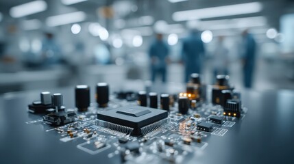A close-up of a microchip on a circuit board with blurred people working in the background, highlighting technology and innovation in electronics.